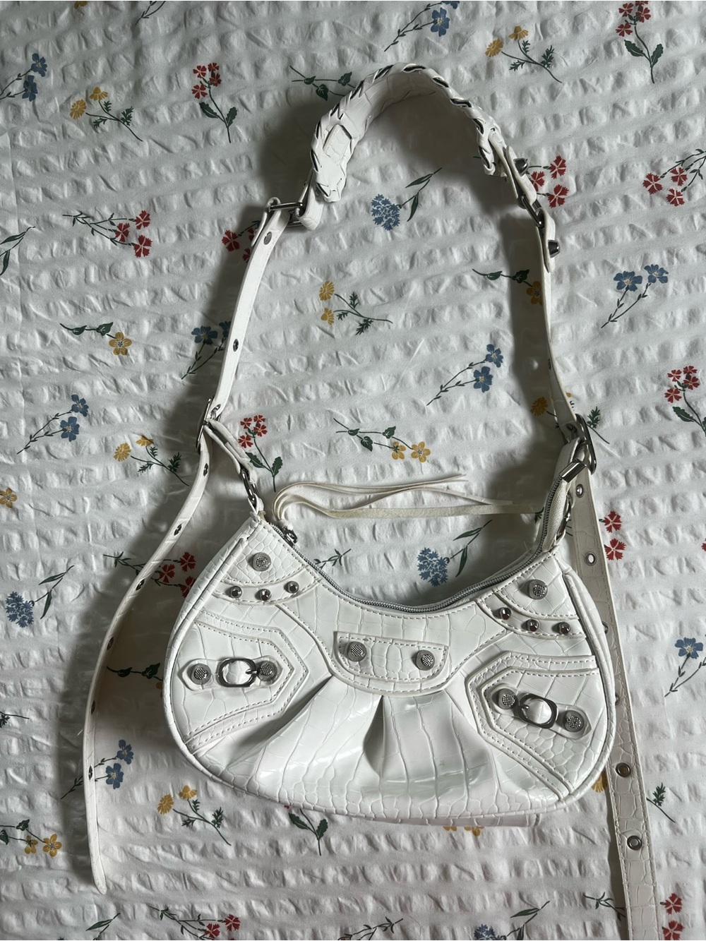 White Shoulder Bag with Silver Hardware